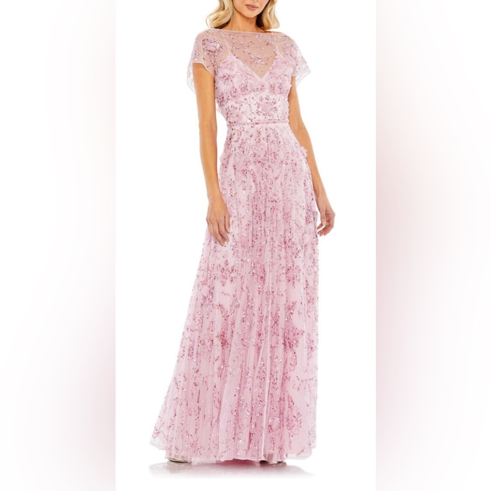 Mac Duggal sequin floral Appliqué Illusion Lace Overlay Gown No rips,No flaws